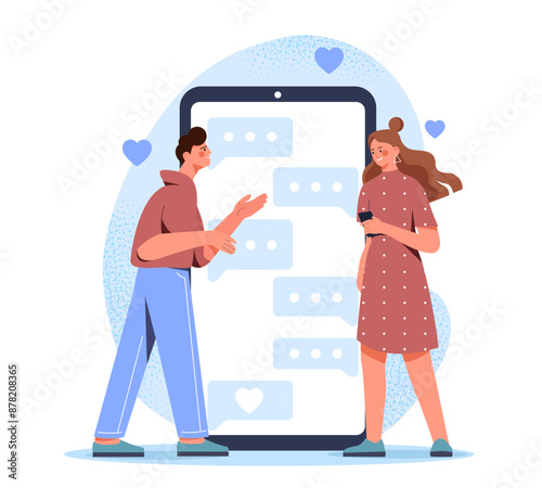 Virtual relationship concept. Man and woman communicate on social networks and instant messengers. Application for romantic dates. Dialogue and messages. Cartoon vector illustration