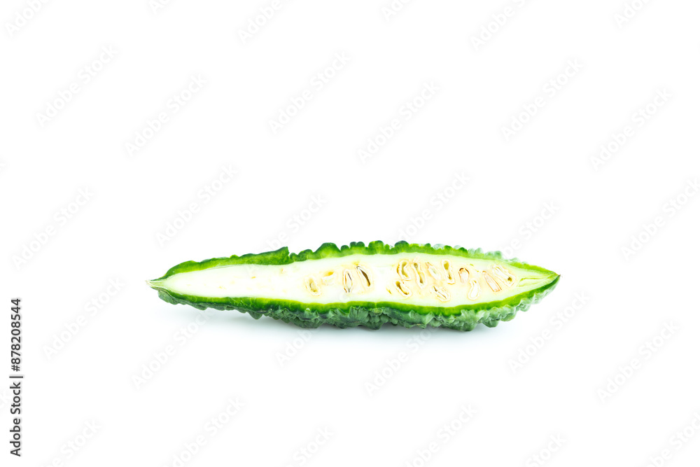 Bitter gourd fruit with cut in half isolated on white background, Organic vegetable, Herbal plant, Food ingredient Bitter gourd fruit with cut in half isolated on white background, Organic vegetable, Herbal plant, Food ingredient
