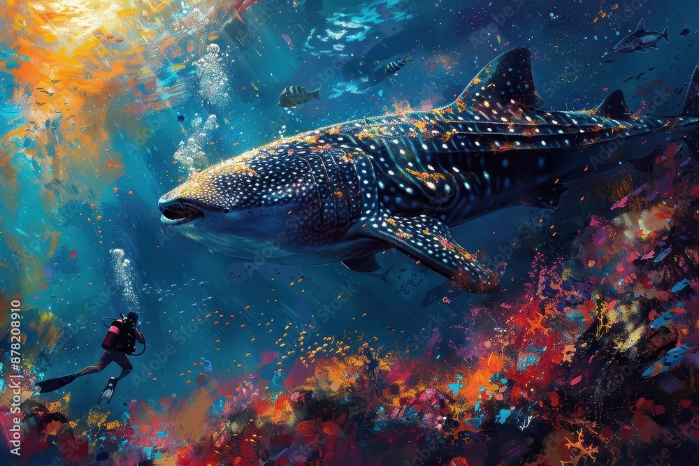 Fototapeta premium A diver swimming alongside a whale shark.