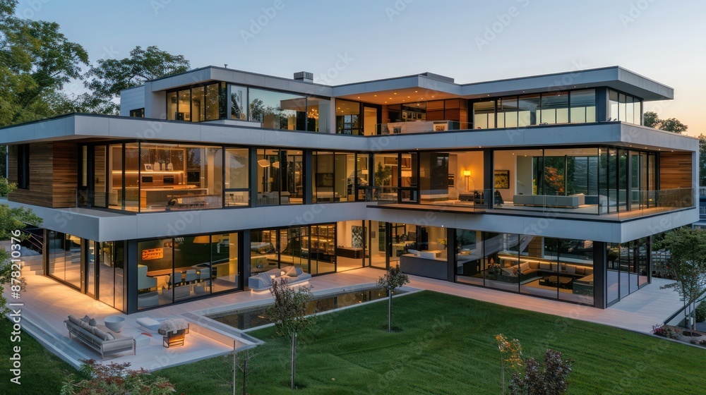 Fototapeta premium modern suburban farmhouse with an emphasis on space, featuring a multi-level design and expansive glass walls