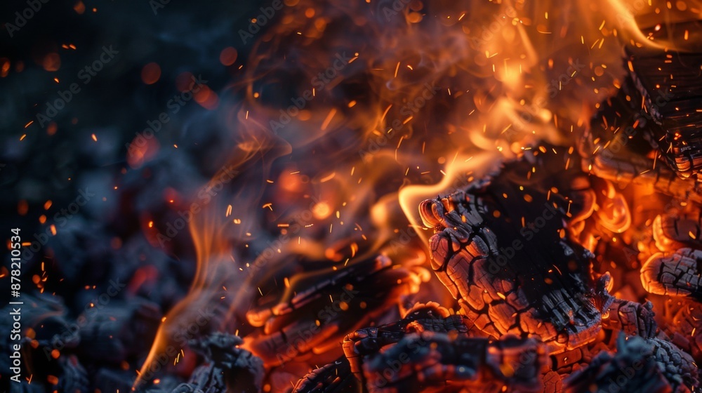 Close-up of embers glowing amid smoke in a bonfire during a nighttime outdoor event Close-up of embers glowing amid smoke in a bonfire during a nighttime outdoor event