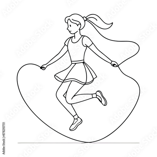 a girl jumping rope, line art vector illustration isolated on a white background 