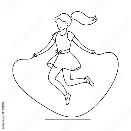 a girl jumping rope, line art vector illustration isolated on a white background 