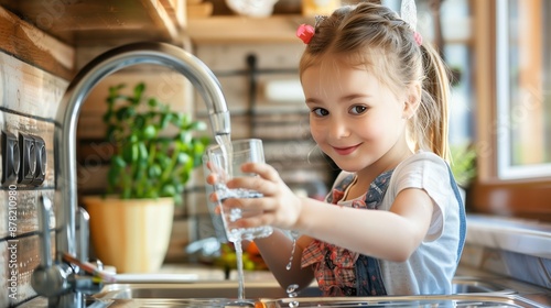 A young girl opens a water tap, filling a glass with pure, safe, and clean water, showcasing a home filtration system.