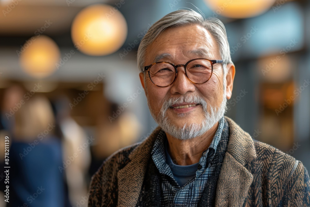 A warmly smiling elderly man wearing round glasses and a plaid shirt underneath a tweed jacket stands in a softly lit indoor setting with blurred background A warmly smiling elderly man wearing round glasses and a plaid shirt underneath a tweed jacket stands in a softly lit indoor setting with blurred background