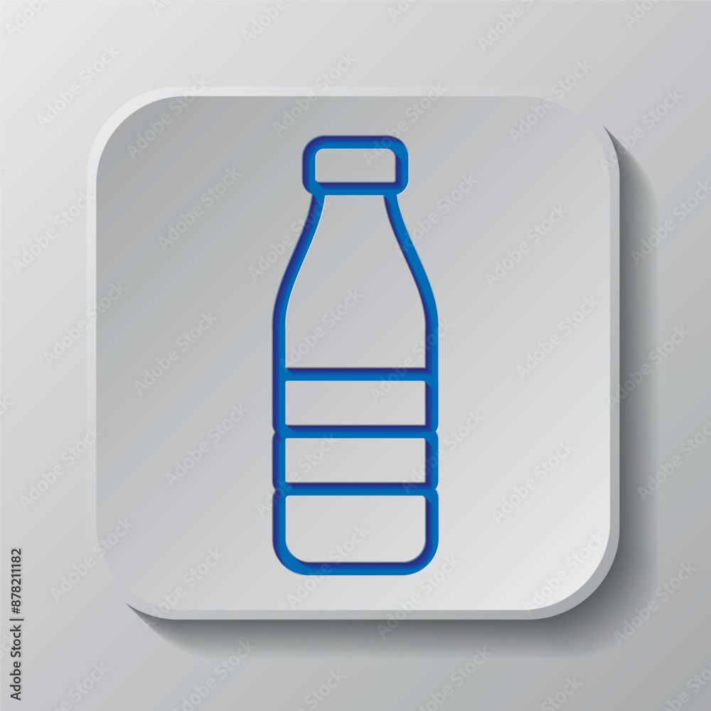 Bottle simple icon vector. Flat design. Paper cut design. Cutted blue symbol with shadow. Gray badge button, gray background Bottle simple icon vector. Flat design. Paper cut design. Cutted blue symbol with shadow. Gray badge button, gray background