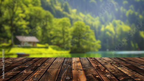 Empty wood table top with blur background of lake nature and park. The table giving copy space for placing advertising product on the table along with beautiful lake nature with mountain background.
