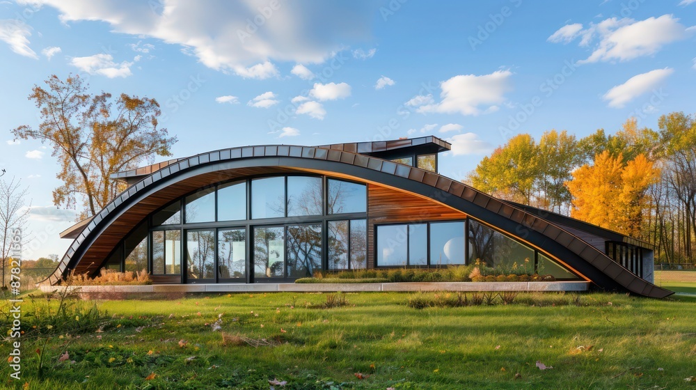 Obraz premium modern suburban farmhouse with a unique curved roof and large picture windows that offer panoramic views of the surrounding countryside