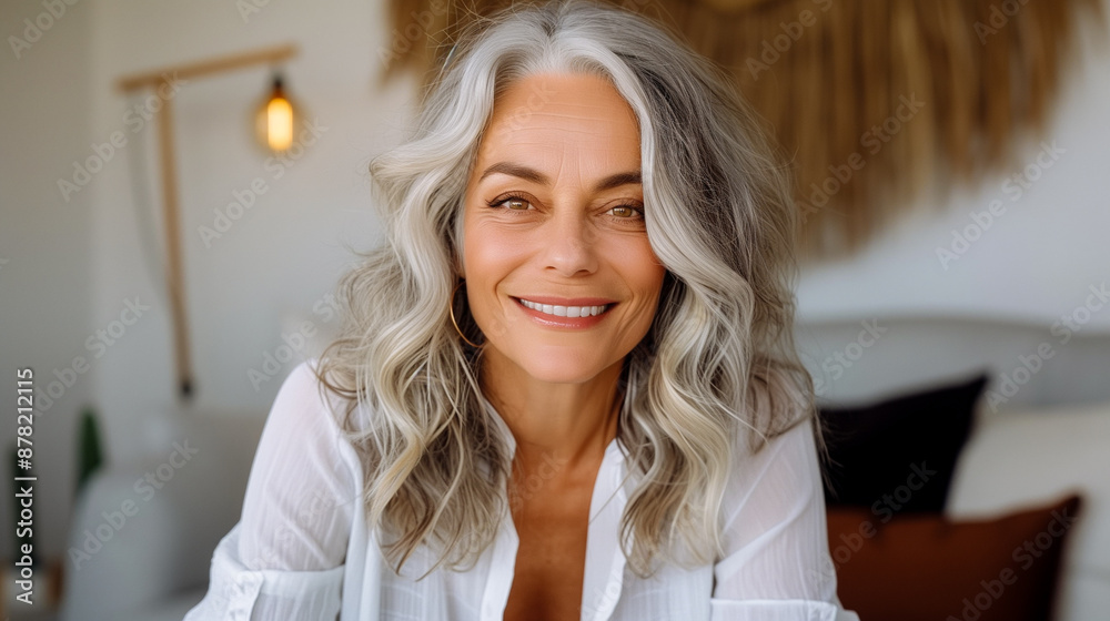 A woman with long, silver hair smiles warmly at the camera. She is wearing a white shirt and sitting in a cozy, brightly lit room