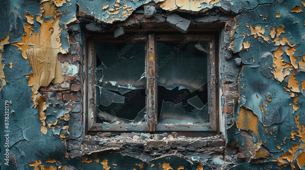 An abandoned building with cracked walls and shattered glass windows ...