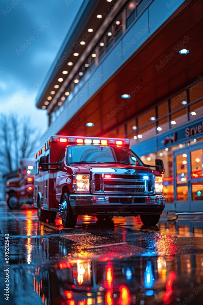 Fototapeta premium A red ambulance parked outside a hospital entrance at dusk, with reflective lights illuminating the wet pavement.