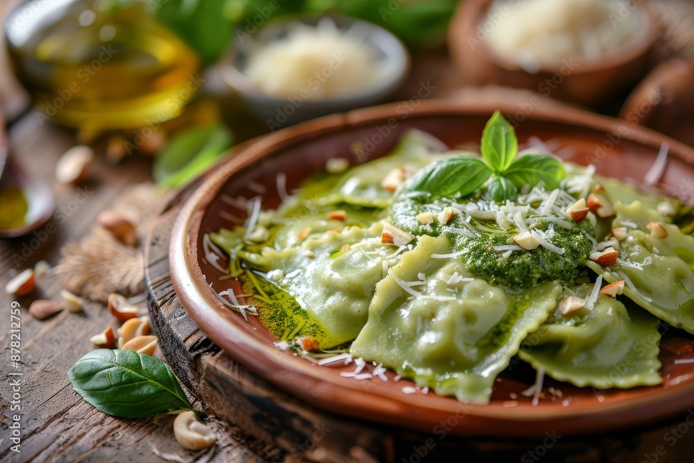 Irresistible italian spinach ravioli with pesto, parmesan, and cedar nuts a mediterranean delight Irresistible italian spinach ravioli with pesto, parmesan, and cedar nuts a mediterranean delight