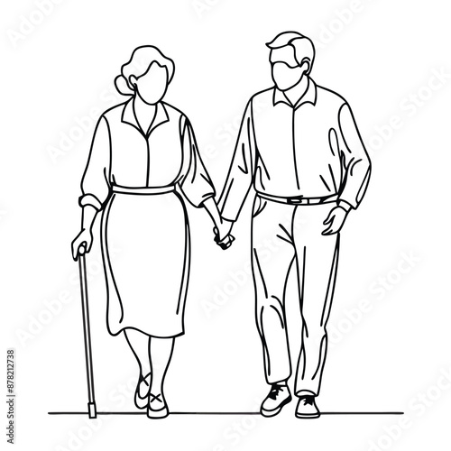 a senior couple walking hand in hand.  line art vector 