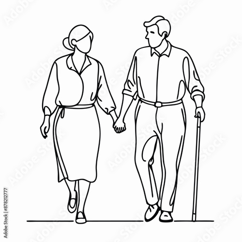 a senior couple walking hand in hand.  line art vector 