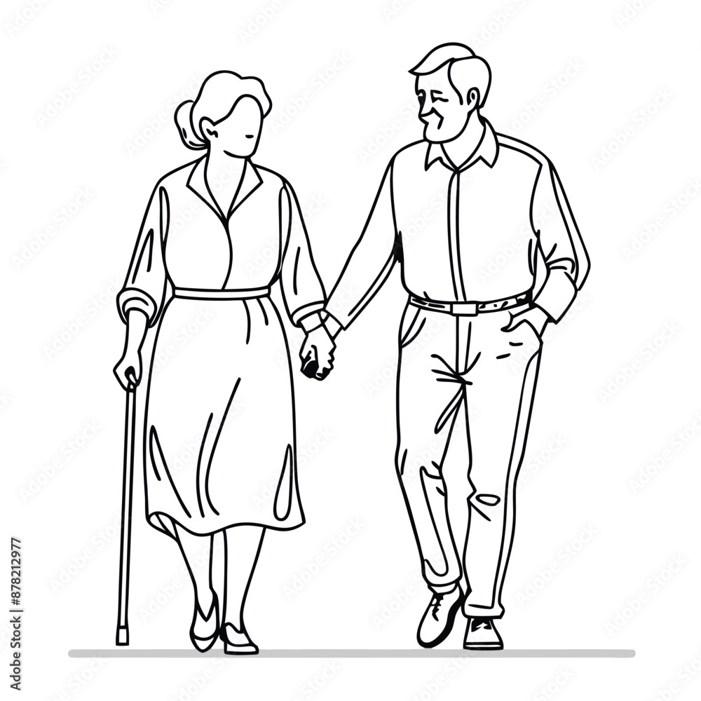 Fototapeta premium a senior couple walking hand in hand. line art vector