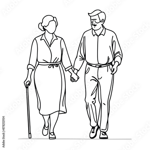 a senior couple walking hand in hand.  line art vector 