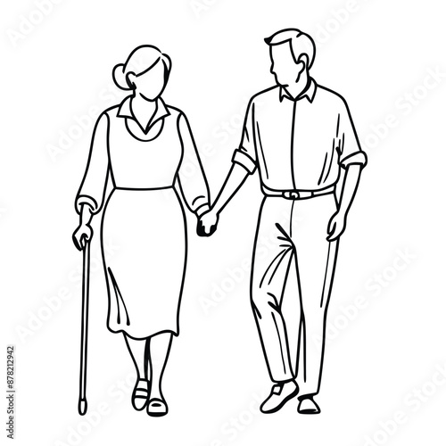 a senior couple walking hand in hand.  line art vector 