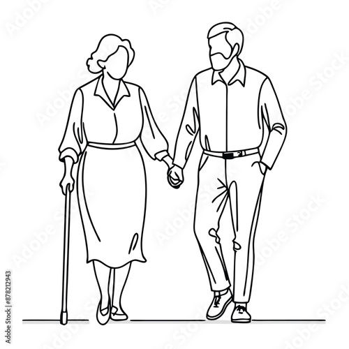 a senior couple walking hand in hand.  line art vector 