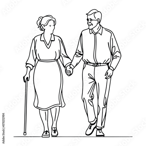 a senior couple walking hand in hand.  line art vector 