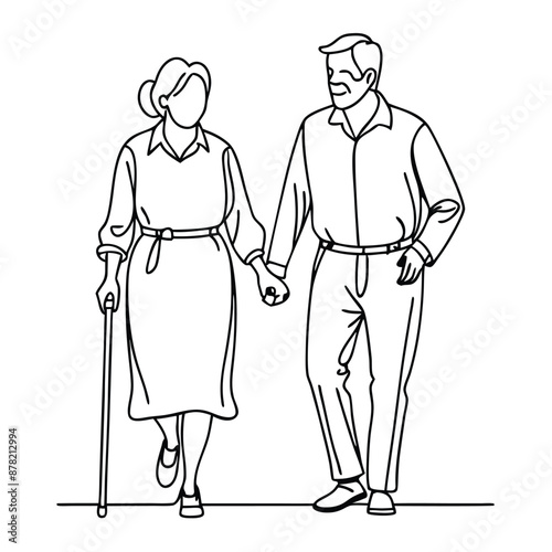 a senior couple walking hand in hand.  line art vector 