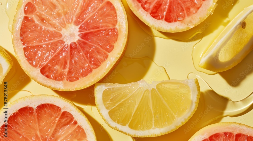 Close-up of fresh citrus slices on a yellow background Close-up of fresh citrus slices on a yellow background