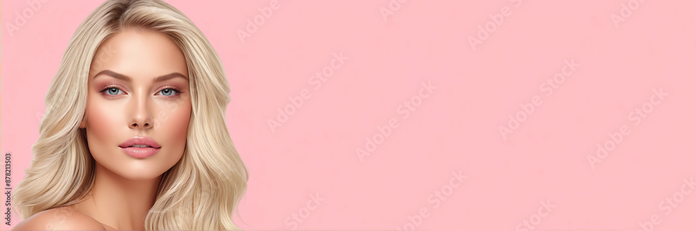 Flawless blonde with an elegant hairstyle of long hair on a pink background with copy space. Flawless blonde with an elegant hairstyle of long hair on a pink background with copy space.