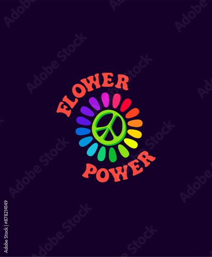 T shirt print or hippy sticker with green hippie peace symbol, daisy with colorful petals and flower power lettering on dark background