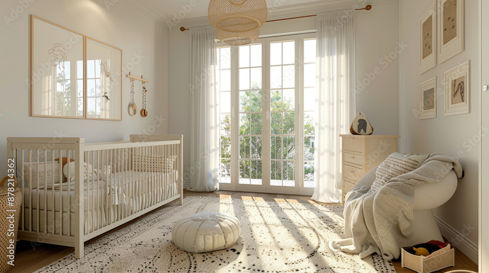 Fototapeta premium Nursery room with a white crib, a rocking chair, and a potted plant. The room is bright and airy, with a lot of natural light coming in through the windows.