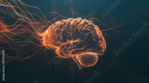 3D rendering of a human brain with neurons and neural connections on a dark background