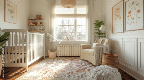 Nursery room is decorated in a light color scheme and has a cozy, welcoming atmosphere. © BMMP Studio