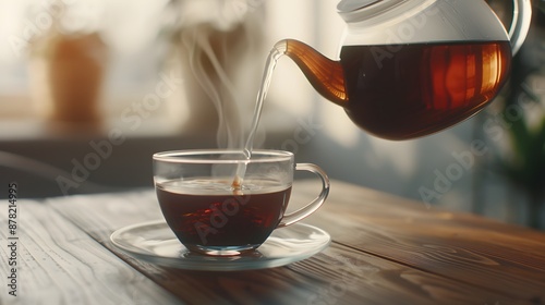 A glass of tea is poured into a cup on a wooden table