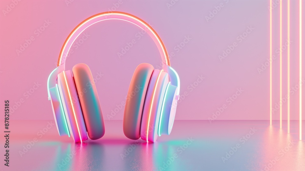Glowing neon headphones with colorful gradient background Glowing neon headphones with colorful gradient background