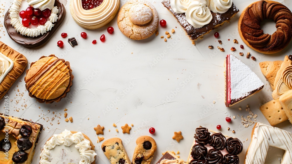 Assorted pastries, cookies, and slices of cake arranged to create a sweet frame around a central copy space Assorted pastries, cookies, and slices of cake arranged to create a sweet frame around a central copy space