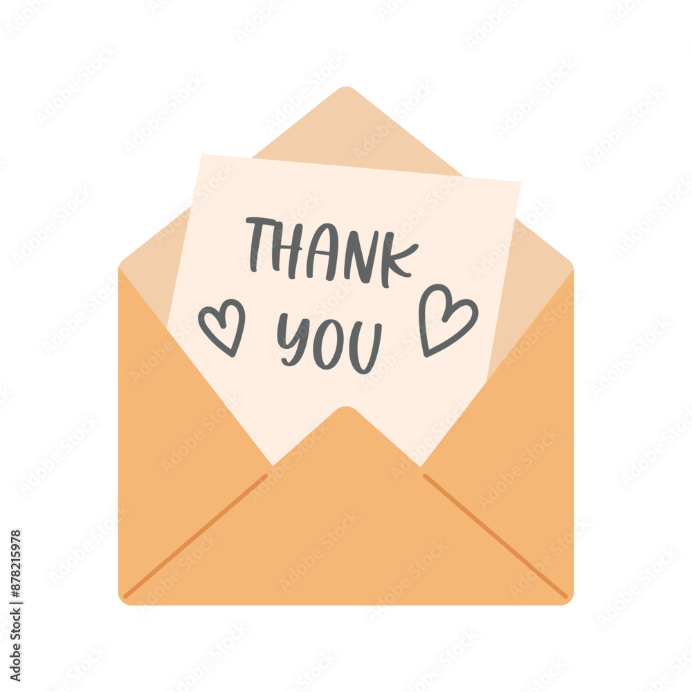 Envelope and paper inside with thank you text and doodle hand drawn hearts. Mail, letter, gratitude or stationery theme. Vector illustration in flat style isolated on white background. Envelope and paper inside with thank you text and doodle hand drawn hearts. Mail, letter, gratitude or stationery theme. Vector illustration in flat style isolated on white background.