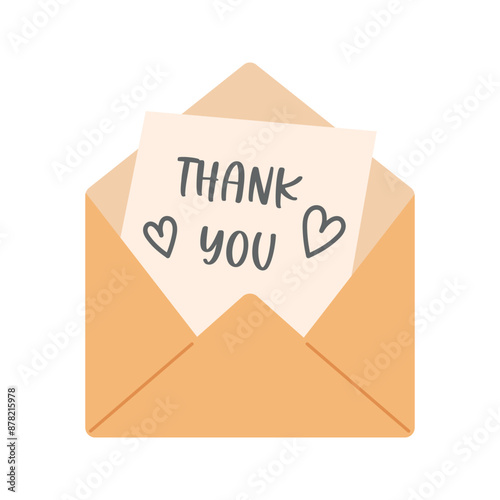 Envelope and paper inside with thank you text and doodle hand drawn hearts. Mail, letter, gratitude or stationery theme. Vector illustration in flat style isolated on white background.