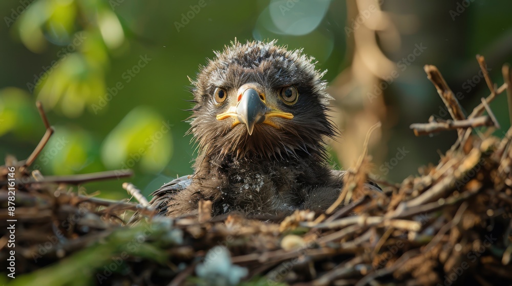 Close-up view of a young eaglet sitting in a nest with a captivating green background, demonstrating natural wildlife behavior and habitat Close-up view of a young eaglet sitting in a nest with a captivating green background, demonstrating natural wildlife behavior and habitat