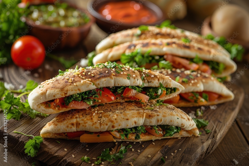 Delicious homemade grilled pita sandwiches filled with fresh vegetables, herbs, and spices, offering a mouthwatering vegetarian meal option on a rustic wooden table