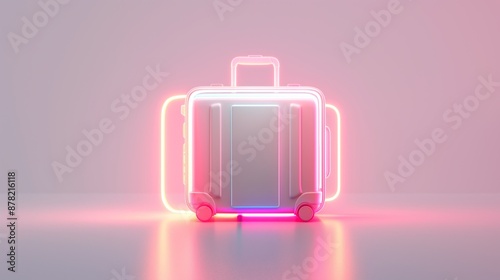 Neon suitcase on colorful gradient background. Modern travel technology.