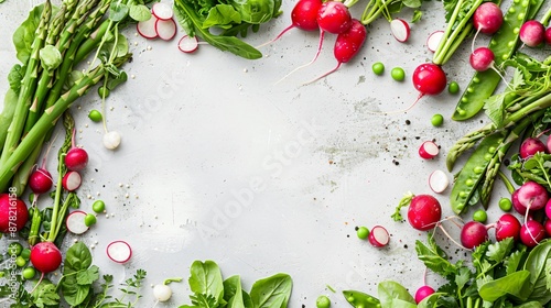 Fresh, colorful spring vegetables like peas, radishes, and asparagus forming a vibrant frame around a clean copy space
