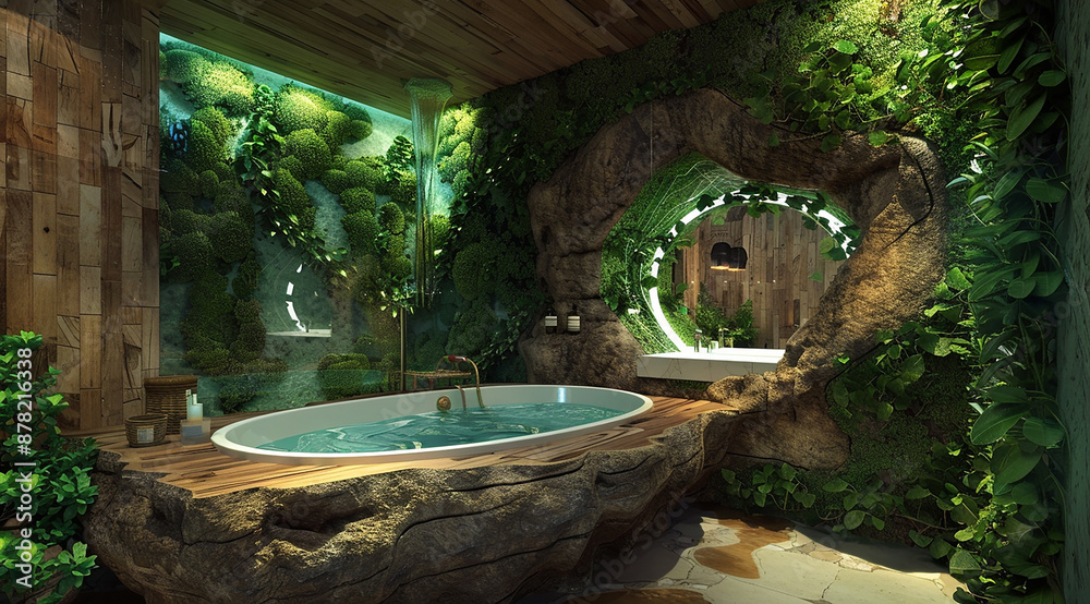 A surreal bathroom with an elaborate wooden tree trunk wall, creating the illusion of a forest inside 5 A surreal bathroom with an elaborate wooden tree trunk wall, creating the illusion of a forest inside 5