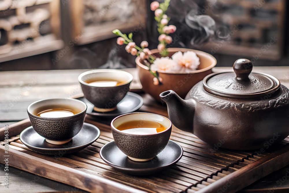 Tea cups and a clay teapot during a Chinese tea ceremony Tea cups and a clay teapot during a Chinese tea ceremony