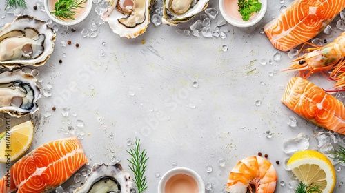 Fresh seafood like salmon, shrimp, and oysters creating an elegant frame around a clean copy space photo