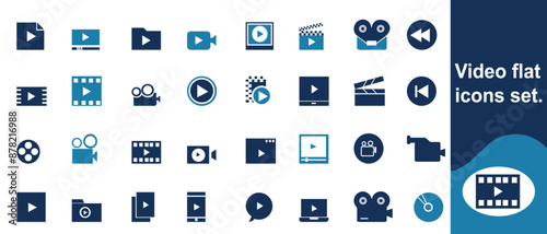 Video flat icons set. Cinema, screen, streaming, film, play, player, movie, pause icons and more signs. Flat icon collection.