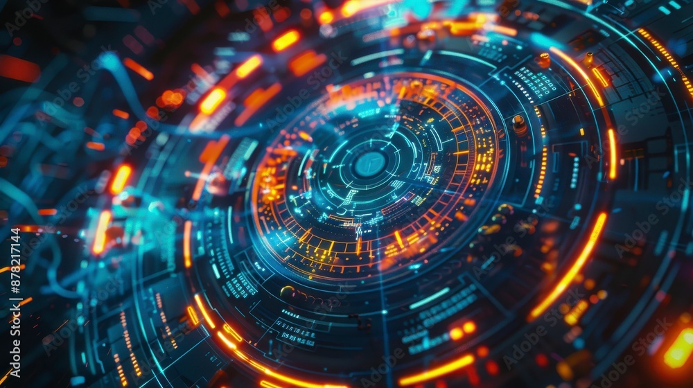 Abstract digital interface with glowing orange and blue lights Abstract digital interface with glowing orange and blue lights