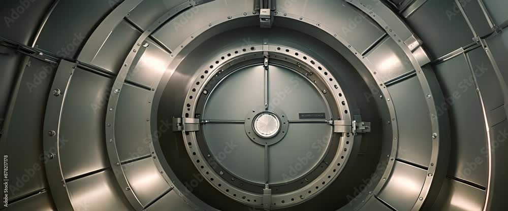 The large vault gleams with intricate steel designs. The atmosphere is eerie and futuristic