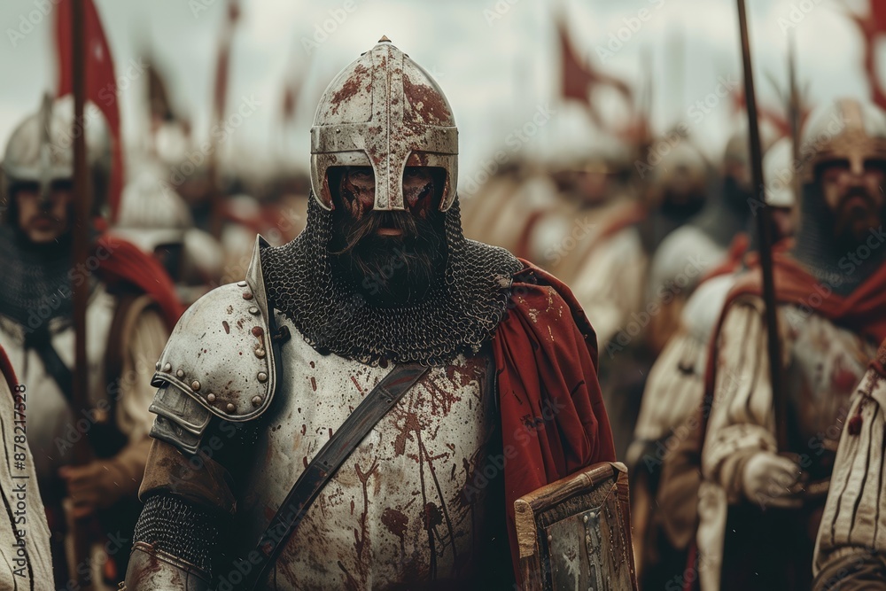 Medieval knights in full armor with bloodstains and chainmail, carrying shields and weapons, standing in formation on a battlefield ready for combat Medieval knights in full armor with bloodstains and chainmail, carrying shields and weapons, standing in formation on a battlefield ready for combat