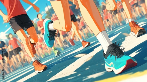 A group of people running on a track in an abstract art style, with focus on colorful shoes and moving feet.