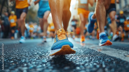 Close up of feet of several marathon runners running on street, focus on their shoes with blurred background, running during competition in race in city