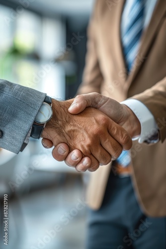 Professional businessmen in suits shaking hands firmly in office setting, signifying successful agreement or partnership in a modern corporate environment