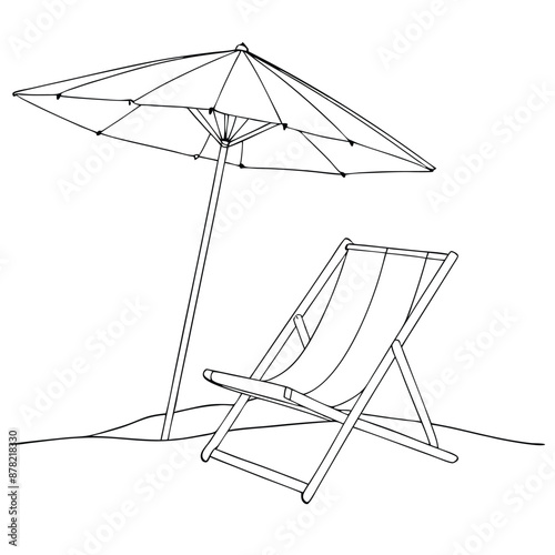 single line drawing of a parasol and beach chair isolated on a white background. 